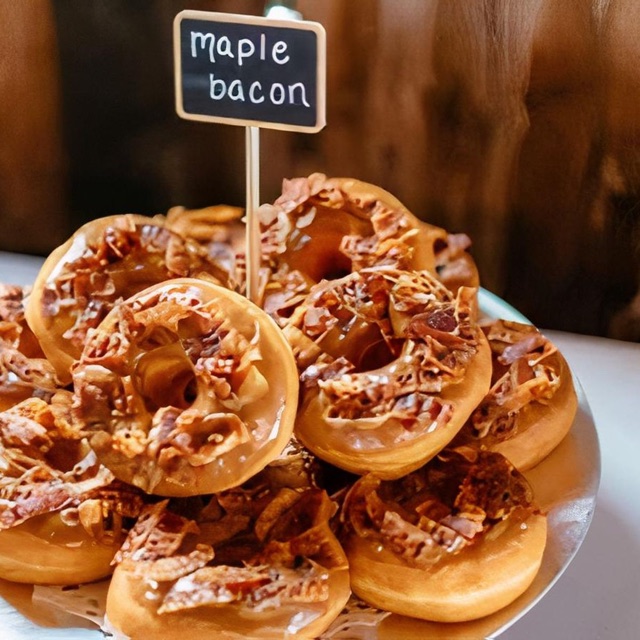 Maple-frosted donut topped with crumbled crispy bacon