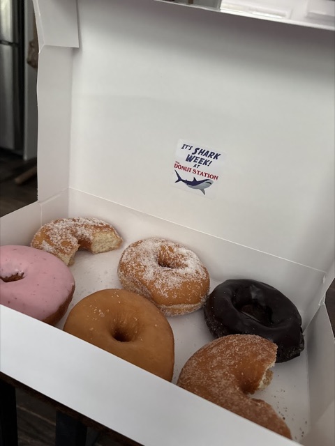 A box of donuts with an It's Shark Week sticker on the lid