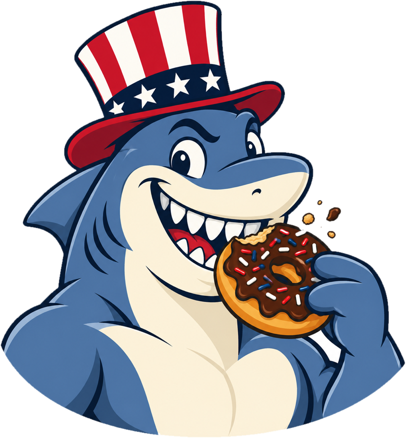 Finn, the Donut Station shark mascot, in a striped paper hat, happily biting a chocolate sprinkle donut
