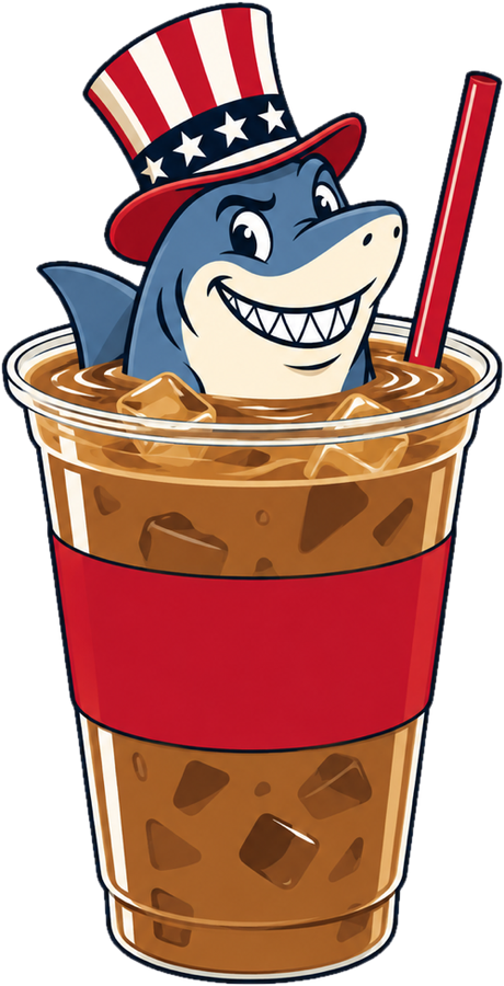 Illustration of a shark fin poking out of an iced coffee cup