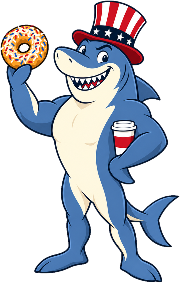 Finn, full body, winking, holding a sprinkle donut and a coffee